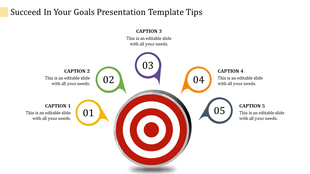 A red target for goal in the center with five numbered captions in colorful speech bubbles encircling it.