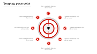 Circular target design with a central trophy and surrounding eight red icons connected by text fields.