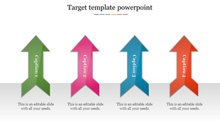 Four vertical arrows in green, pink, blue, and orange with captions, displayed in a row on a clean gray background.