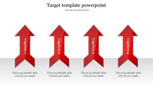 Target PowerPoint slide featuring four red arrows, each with a caption and placeholder text.