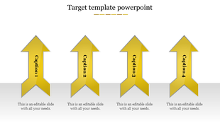 Four vertical yellow arrows pointing up with captions, aligned in a row on a light gray background.