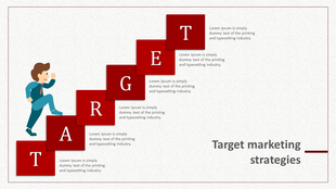 Marketing strategy step diagram featuring six red blocks forming stairs, each with a letter, and a character ascending.