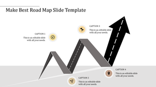 Road map slide with a zigzag design and directional icons, showing key points for each step in the process.