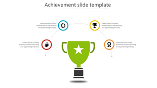 Achievement PowerPoint slide with a green trophy surrounded by four colored icons with placeholder text.