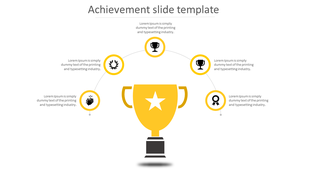 PowerPoint slide showing a large trophy with five icons around it representing achievement, awards, and recognition.