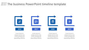 Timeline template with blue icons, arrows, and years from 2016 to 2019, arranged in a horizontal sequence.