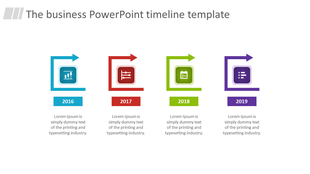 Multicolored four step timeline from 2016 to 2019 with frames, icons for analytics, charts, planning, and placeholder text.