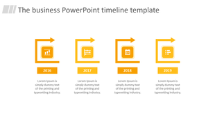 Yellow themed timeline with four events, each containing an icon, arrow design, and placeholder text.