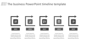 Timeline PPT template with arrows pointing from 2015 to 2019, each year marked with a grey icon and description.