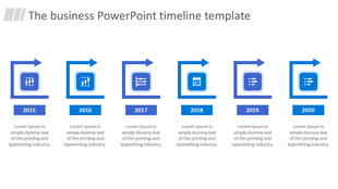 Business PowerPoint timeline template with blue arrows and icons showing milestones from 2015 to 2020.