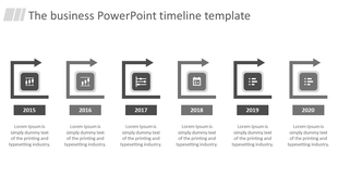 Business timeline template with gray icons, arrows, and years from 2015 to 2020, arranged in a horizontal sequence.