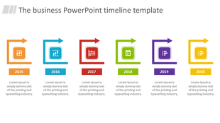 Business PowerPoint timeline template displaying the years from 2015 to 2020, with colorful arrows and icons for each year.
