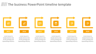 Business PowerPoint timeline template with yellow arrows and icons showing milestones from 2015 to 2020.