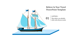 Colorful sailing ship for travel with blue accents, shown floating on a blue platform with a caption area.