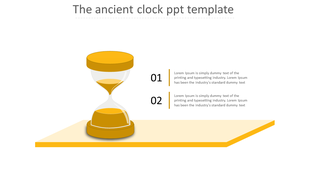 Clock PowerPoint template featuring an hourglass symbolizing time management and project deadlines with placeholder text.