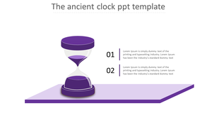 Ancient-style clock design with an hourglass, positioned next to two numbered content blocks for text descriptions.