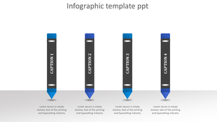 Infographic with four vertical pencil-shaped elements in blue and black, each labeled with a caption from 1 to 4. 