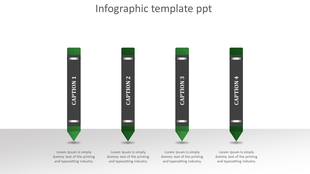 Four infographic pencils with green accents, arranged symmetrically with captions on a light gradient background.