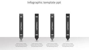 Four step infographic PowerPoint template featuring grey pencils with numbered captions.