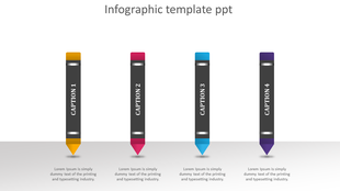 Structured infographic displaying four vertical pencil graphics with different colors, labeled sequentially with captions.