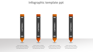 Row of four upright black pencils with orange erasers and tips, featuring vertical white captions on each.