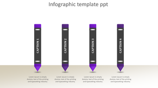 Four step infographic PowerPoint template featuring purple and grey pencils with numbered captions.