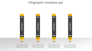 Four vertical black pencils with yellow tips and erasers, each labeled with captions, aligned on a gradient background.