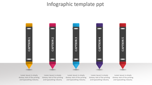 Pencil-shaped infographic elements in yellow, pink, blue, purple, and red with corresponding captions.