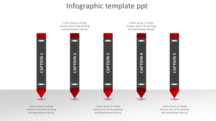 Infographic with five red tipped pencils, each labeled with vertical captions, on a neutral backdrop.