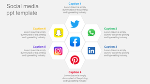 Template displaying a hexagonal layout with social media icons along with placeholder text.