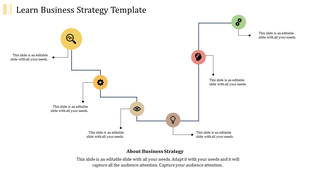 Linear strategy roadmap featuring yellow, red, and green circular icons linked by a blue path each with caption areas.