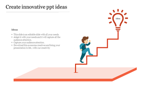 A businessman climbing red stairs towards a glowing bulb icon on a minimalist orange platform background.