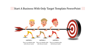Three animated characters pulling a red arrow towards a target bullseye with three caption areas placed in a white backdrop.