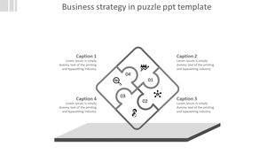 Puzzle diagram PowerPoint with numbered sections featuring business related icons such as people, growth, and analytics.