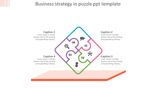 Square puzzle infographic with four interlocking pieces and icons representing business strategy elements.