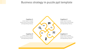 Yellow puzzle shaped business strategy infographic with four labeled sections, each linked to captions and icons.