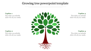 Tree shaped design in a PowerPoint template with green leaves and roots, representing growth with captions.
