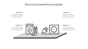 Electricity themed PowerPoint template with icons of a plug, socket, and testing device with placeholder text.
