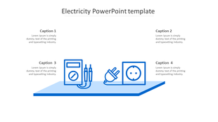 Blue electricity infographic featuring an electric plug, socket, and power meter on a blue platform, with four caption areas.