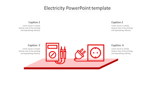 Electricity themed slide with red icons of devices like plugs and sockets on a shaded platform and four captions around.