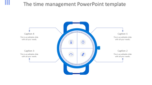 Time management PowerPoint template featuring a blue smartwatch with four icons with captions.