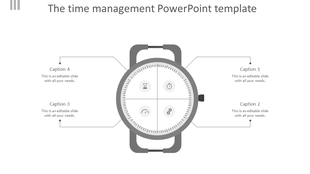 Time management  template with a watch graphic and four captions with icons representing time-related concepts.