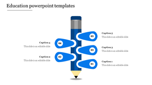 Education infographic with a central blue pencil and five numbered blue labels on both sides placed in white backdrop.