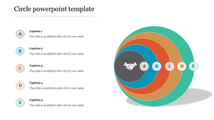 Layered circular design in gray, blue, orange, yellow, and green, paired with captions labeled A to E on the left side.
