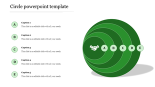 Concentric green circles with a handshake icon at the center, labeled A to E, with text descriptions on the left.