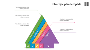 A pyramid diagram showing five stages, each with an associated caption area, on a strategic plan template.