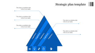 Strategic plan template featuring a blue pyramid with five levels and corresponding captions, each with icons at the bottom.