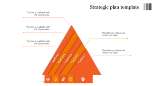 PowerPoint template with an orange triangular diagram representing a strategic plan with five sections labeled for captions.
