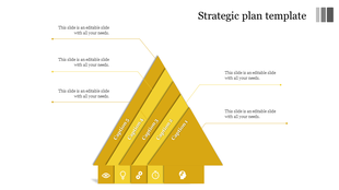 PowerPoint template with a yellow triangular diagram representing a strategic plan with five sections labeled for captions.