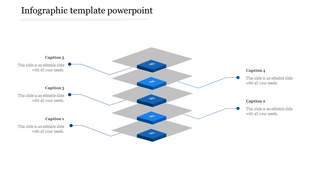 Layered blue infographic with five numbered 3D blocks stacked on gray platforms, connected to captions on both sides.